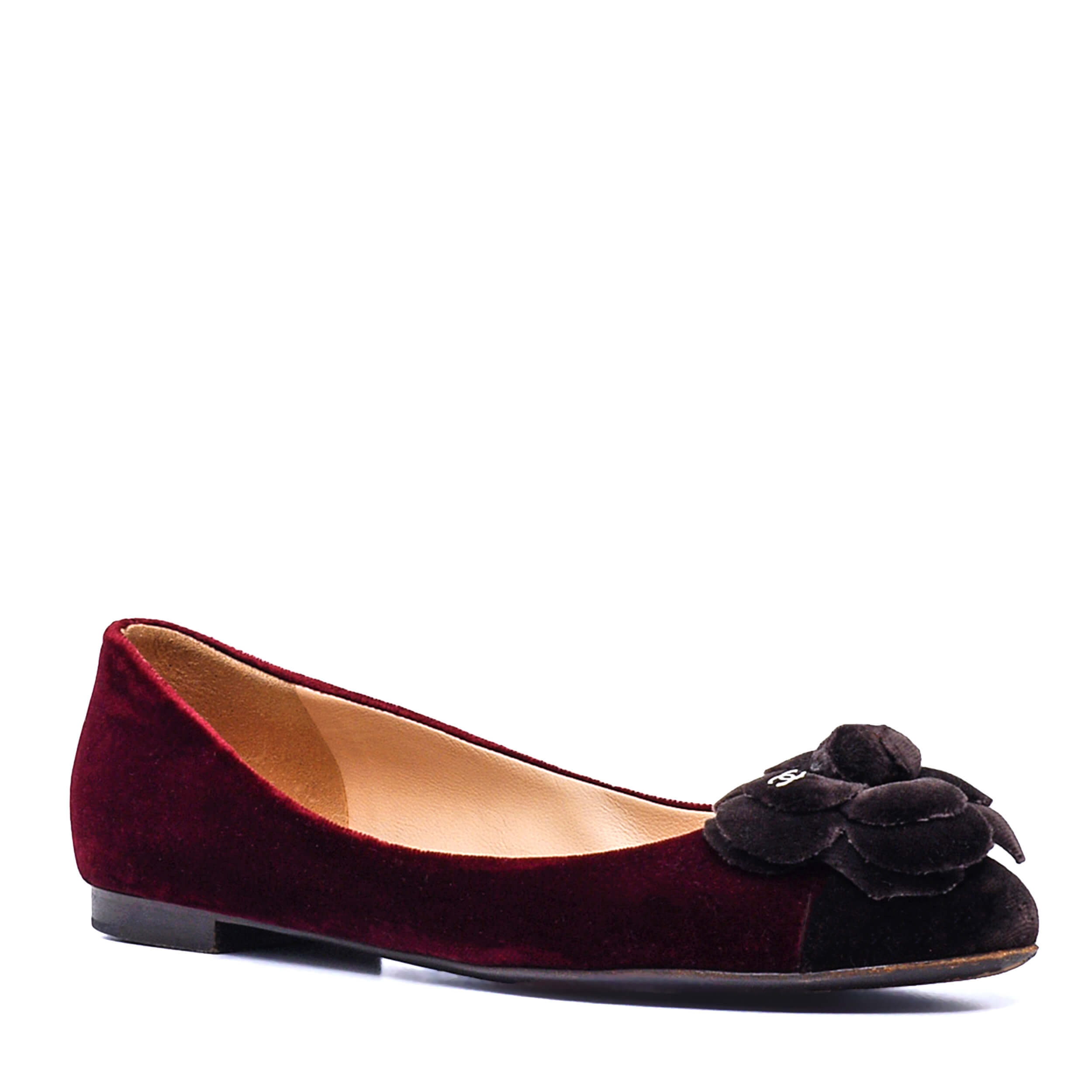 Chanel - Bordeaux & Brown Velvet CC Camellia Ballet Flats / 38